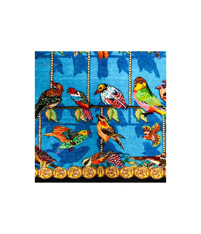 Handmade Blue Persian Qom Birds Silk Area rug
